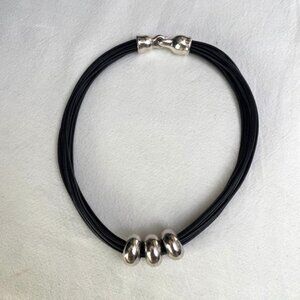Simon Sebbag Necklace Sterling Silver Beads Multiple Black Leather Strands 18"